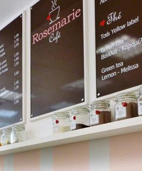 Coffee boards in a bakery shop