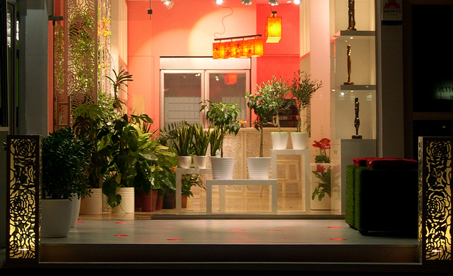 Flower shop window display and outdoor lighting