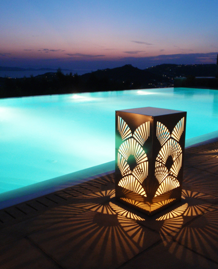 Special cut metal lamp in a Mykonos poolside party 