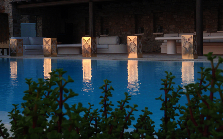 Mykonos poolside gold mirror metal lighting